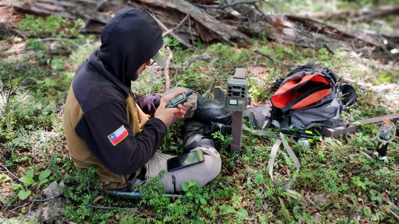 Ranger reviewing a photo trap in the field during wildlife tracking work