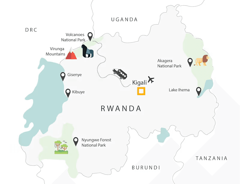 Illustrated map of Rwanda showing Kigali, Volcanoes National Park, and the route from the capital to gorilla trekking in the northwest